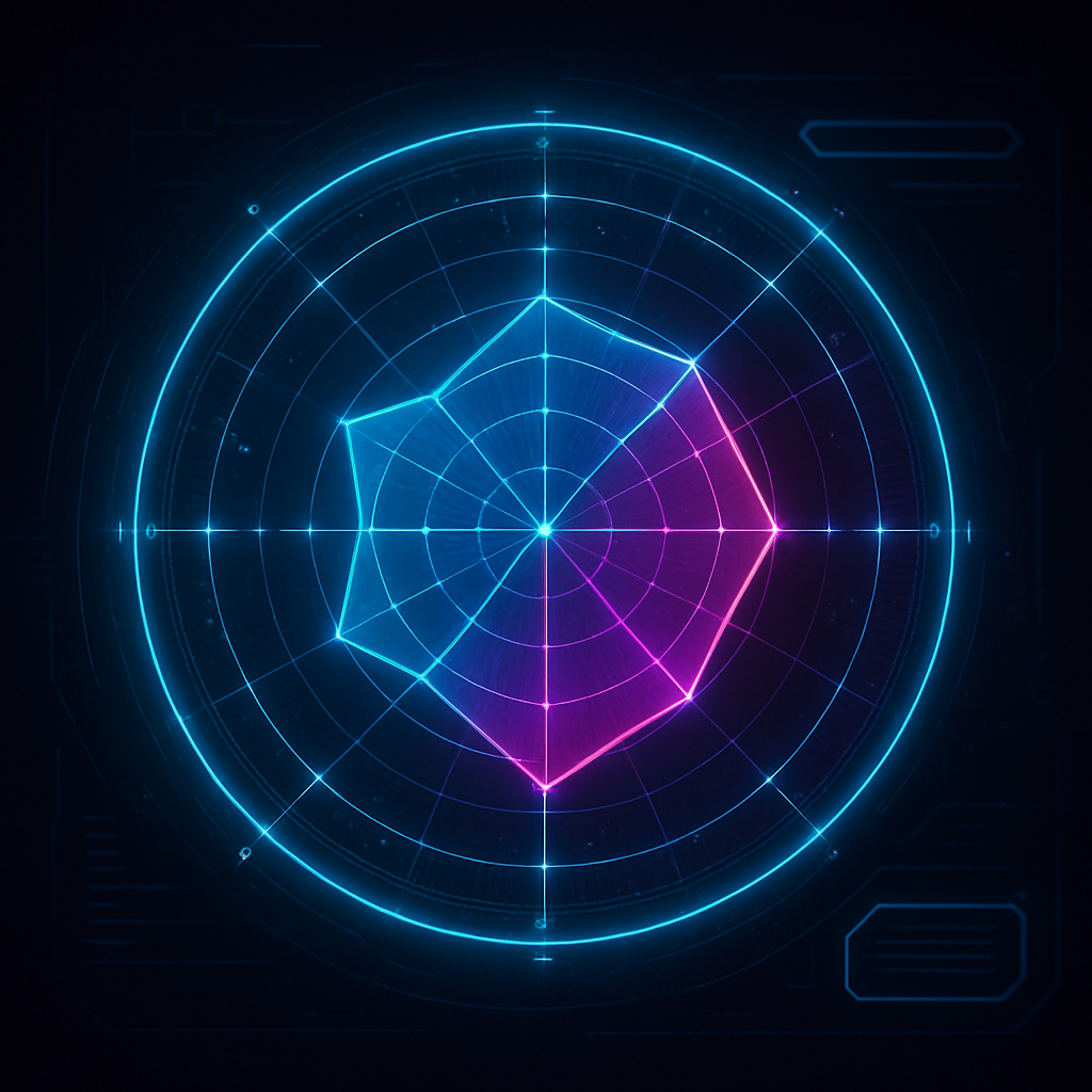 Futuristic radar chart visualizing a chud woke test result breakdown